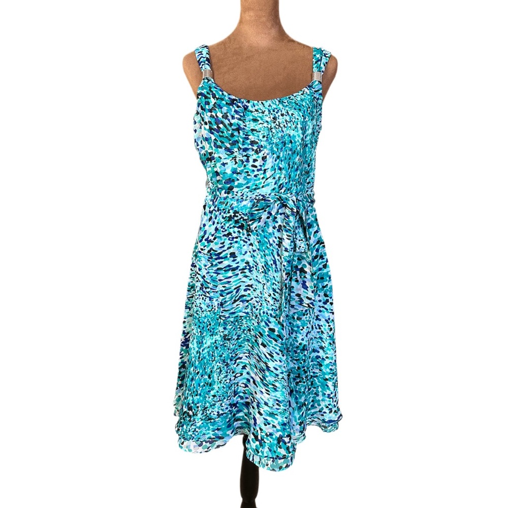 WHBM Blue aqua print fit flare sleeveless dress size 6